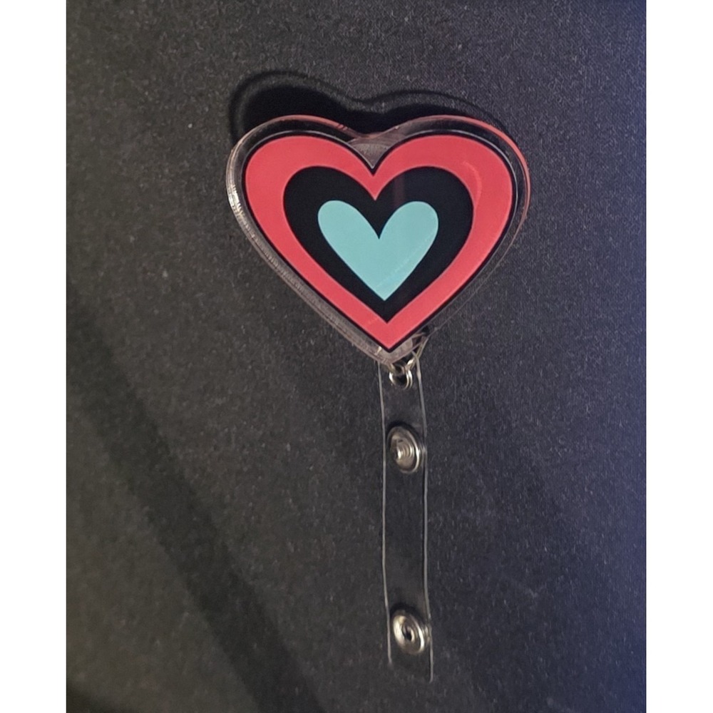 Fizzarolli Heart Inspired Badge Reel Handmade Helluva Boss Pink Teal Black